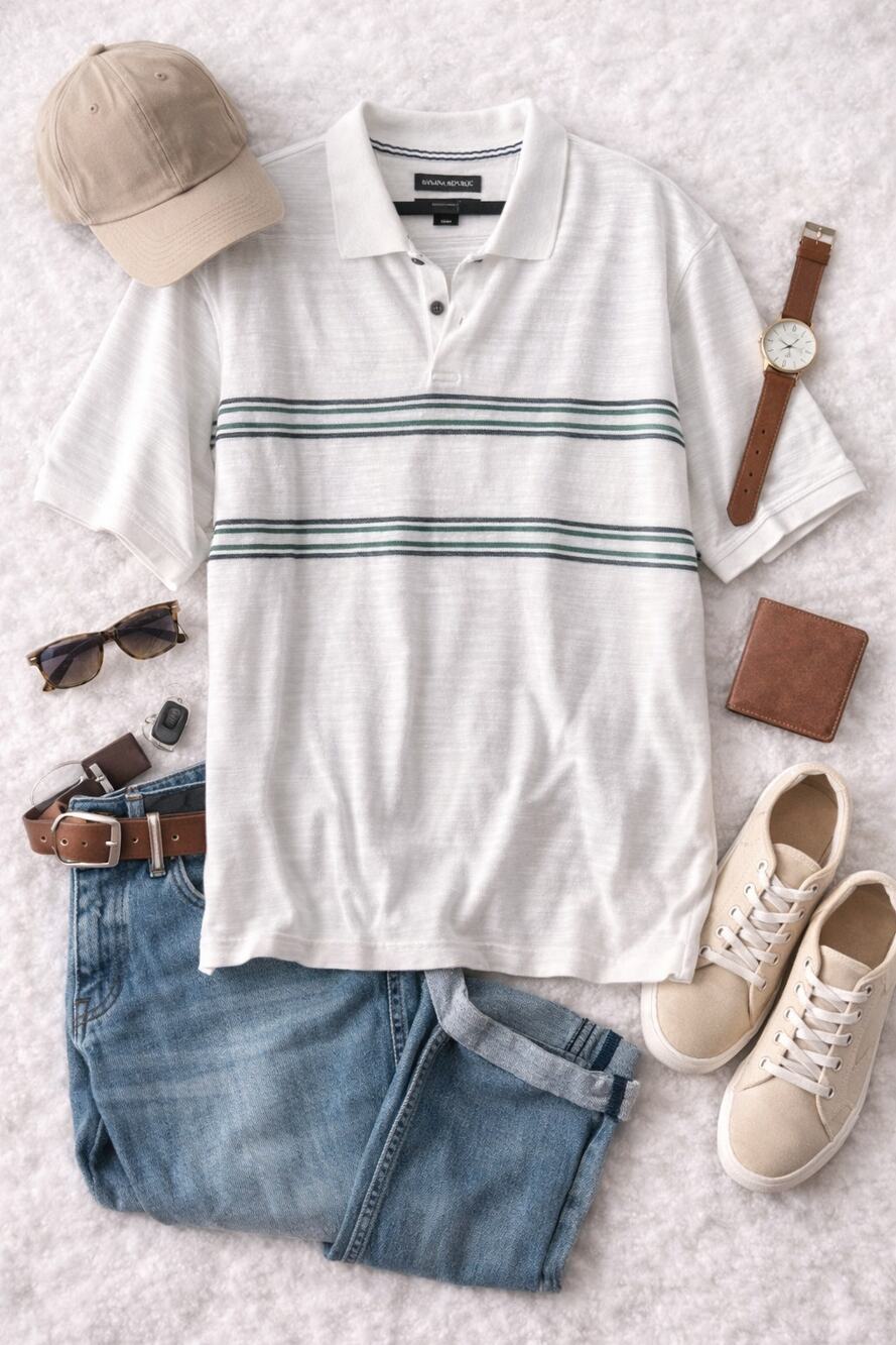 Banana Republic Men’s Striped Pique Polo Shirt White Green Standard Fit Size XXL
